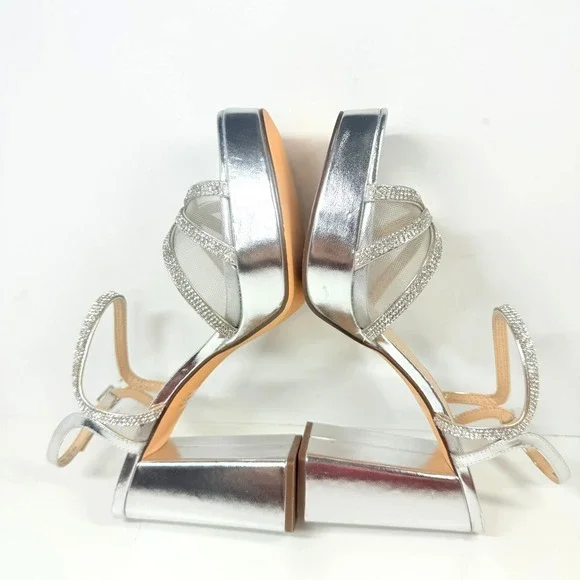 Nina Platform Sandals Women 9.5M Silver Rhinestone Block Heel Dress Shoes - Picture 4 of 9